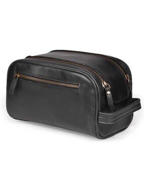 Men's Black Premium Leather Toiletry Travel with Waterproof Lining YKK Zippers